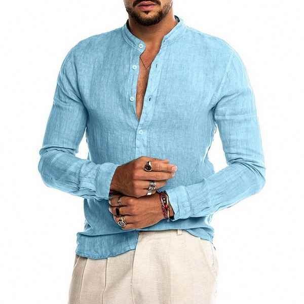 Men Cotton Linen Long Sleeve Button Solid Color Shirts Cardigan Standing Collar Men's Tops Blouse T-shirt Casual Shirt