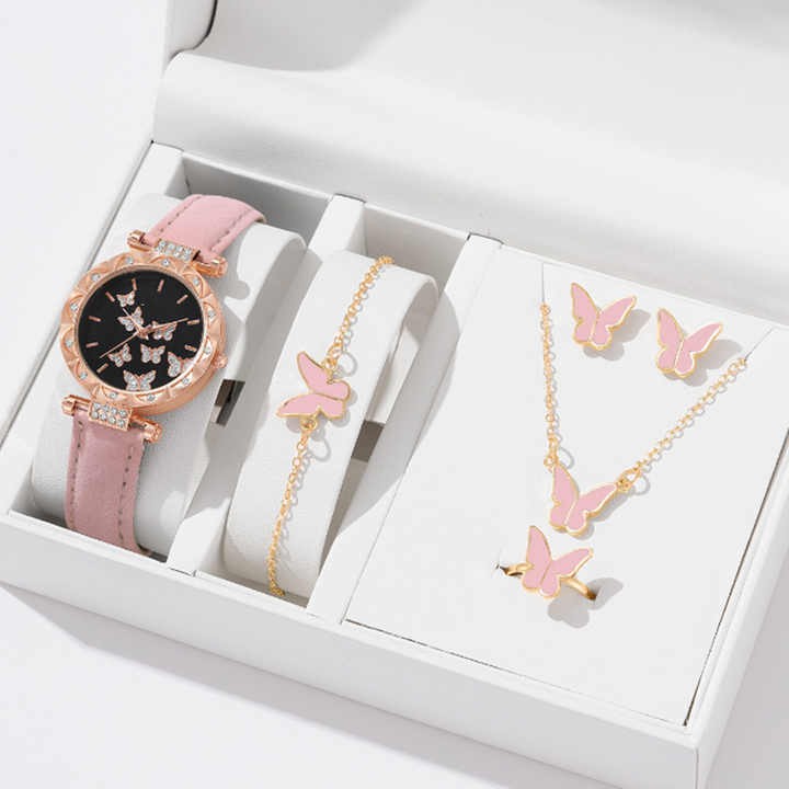 5PCS Watch Set Women's Butterfly Ring Necklace Earrings Diamond Watch Casual Women's Watch Bracelet Set Without Box